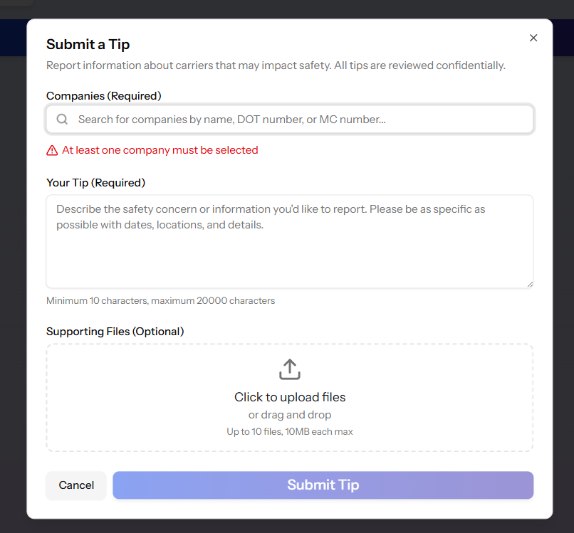 Submit a tip modal
